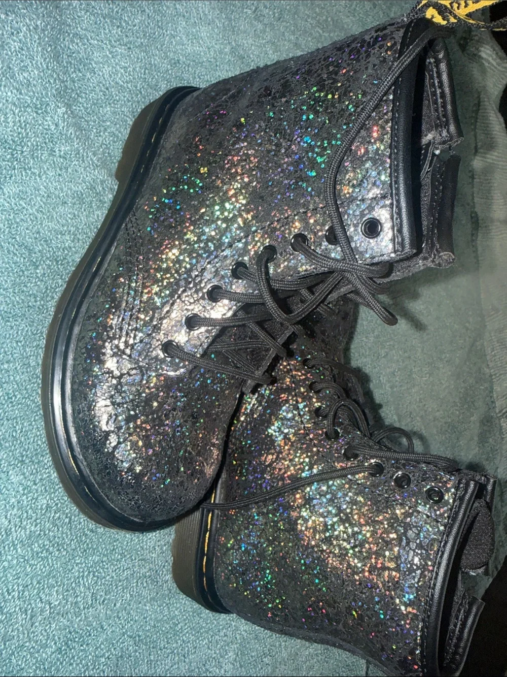Dr. Martens Kids Black Metallic Crackle Lace-Up Boots with Iridescent Sheen